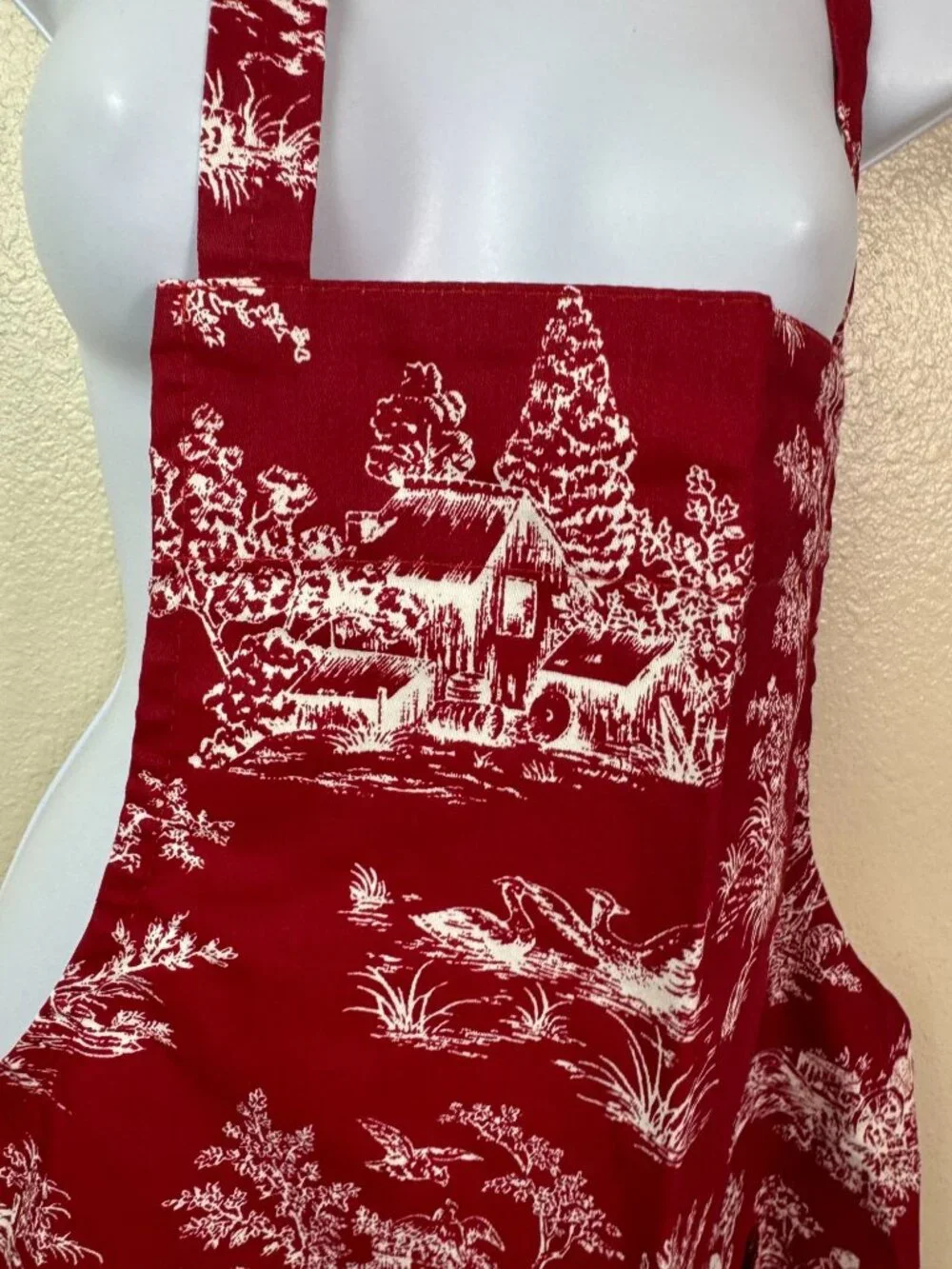 Williams Sonoma Red Toile Cotton Apron Pockets Made In USA OS Cabin artsy